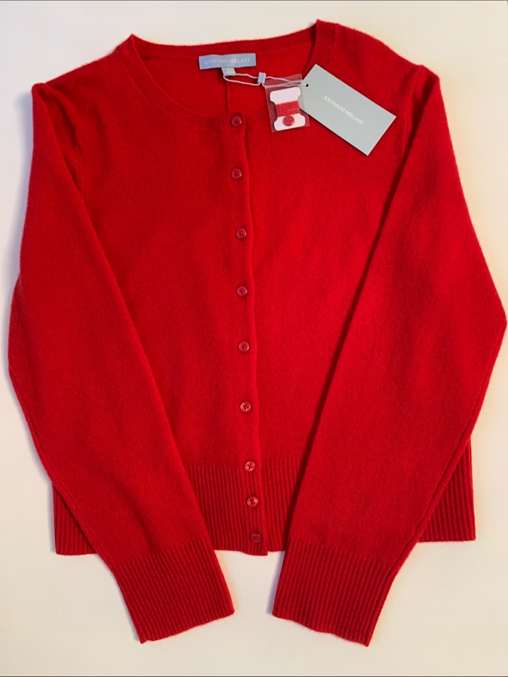 NWT Antonio Melani Red 100% Cashmere Crewneck Cardigan Size L